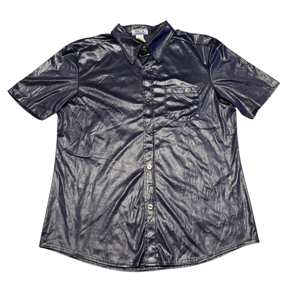 VTG YMLA Studio Short Sleeve Button Up‎ Shirt Navy Blue Men's Size L Made In USA